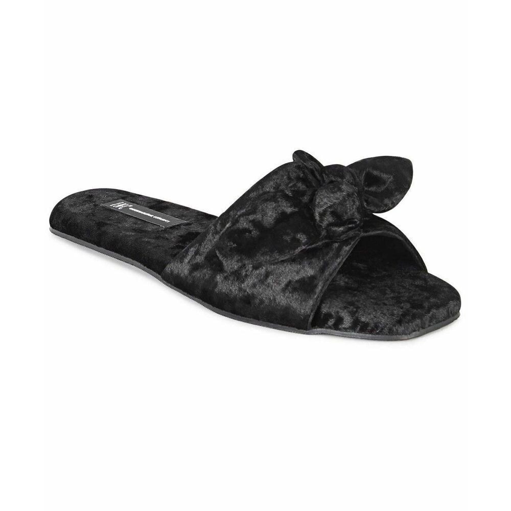 INC MD‎ 5/6 Black Velvet Bow Slide Slippers Loungewear House Shoes Grannycore